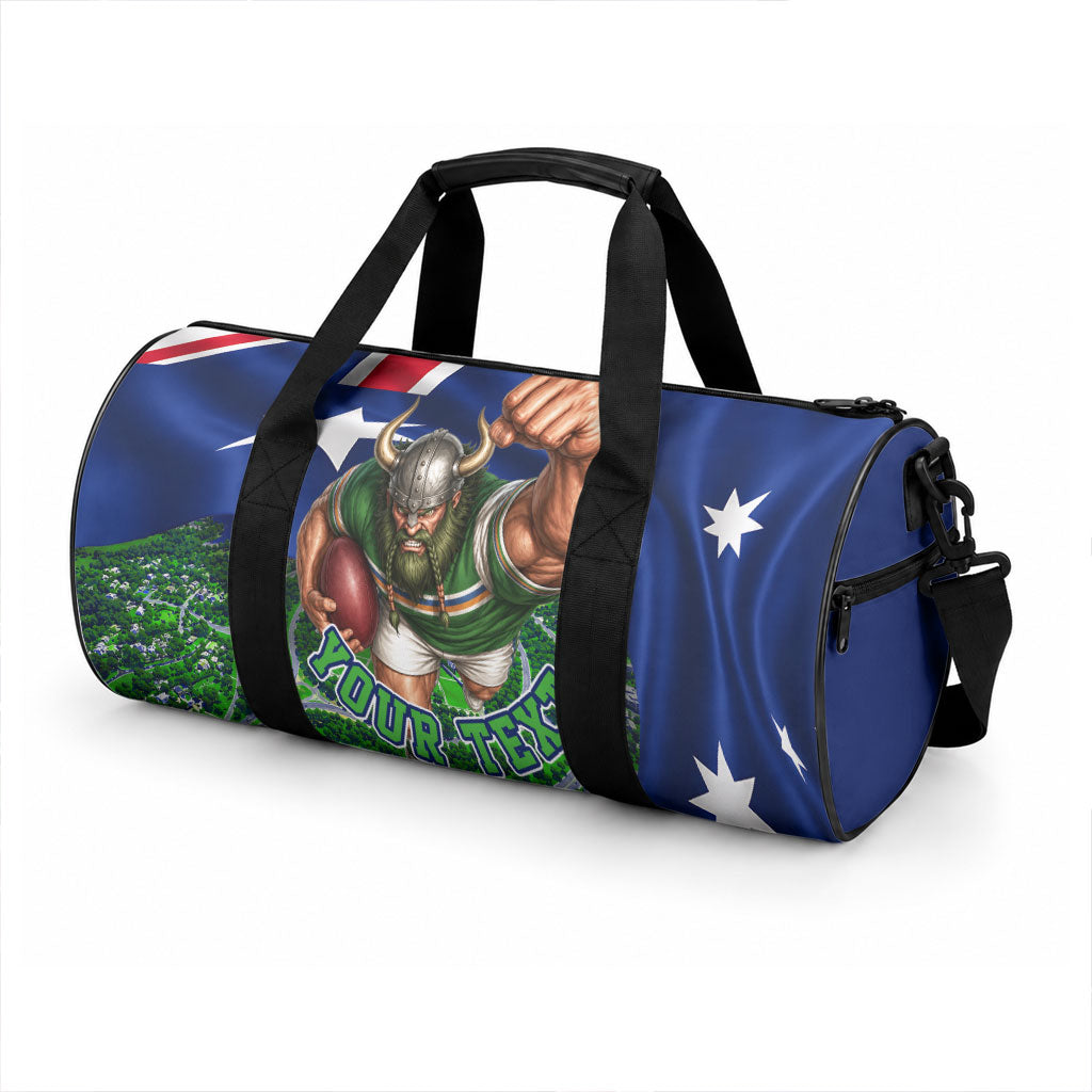 Personalized Canberra Raiders Rugby Duffle Bag Viking Mascot And Canberra Skyline Flag Art