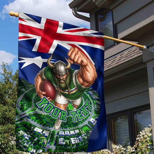 Personalized Canberra Raiders Rugby Garden Flag Viking Mascot And Canberra Skyline Flag Art