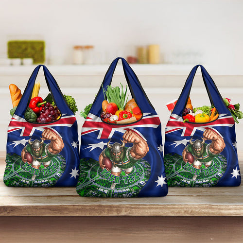 Personalized Canberra Raiders Rugby Grocery Bag Viking Mascot And Canberra Skyline Flag Art