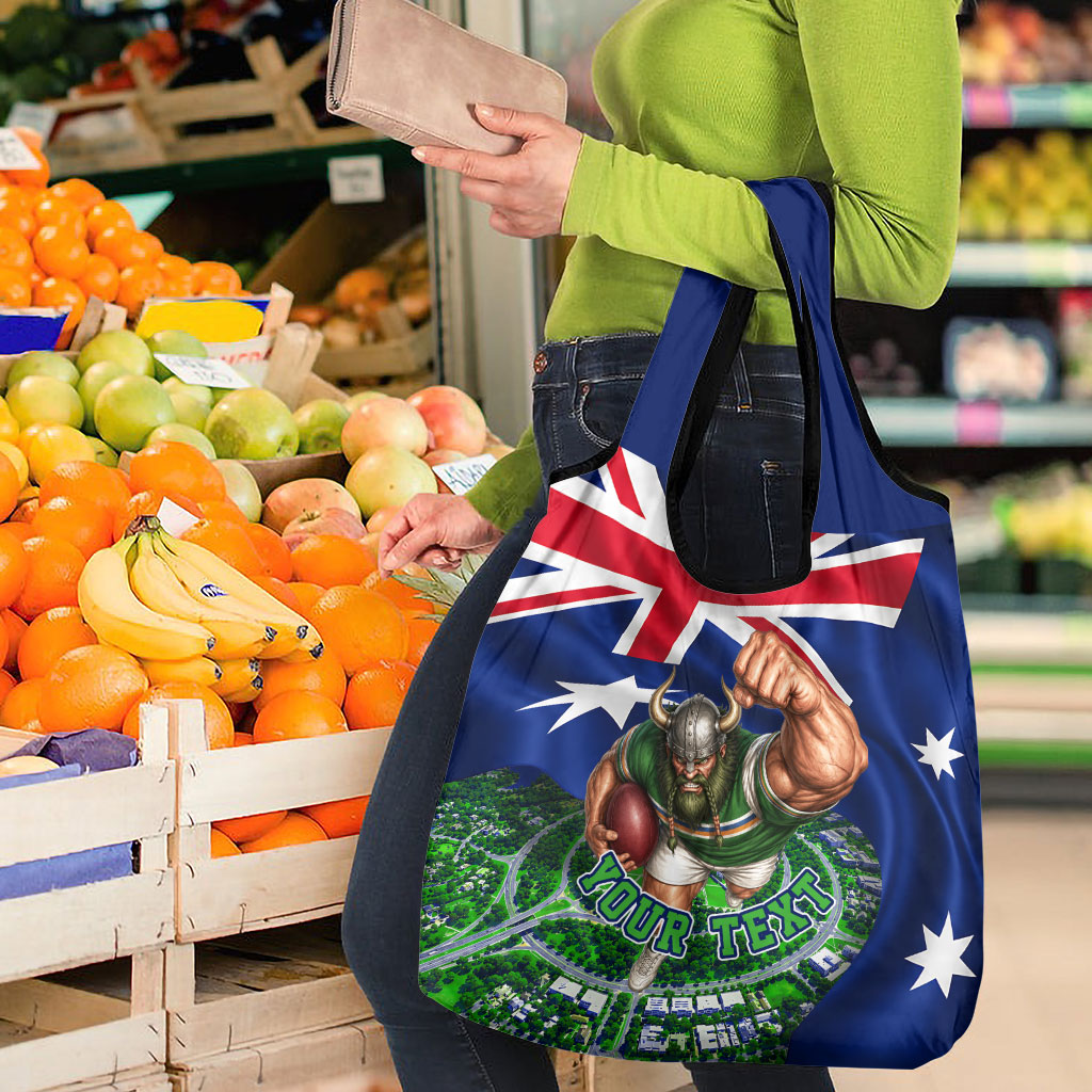 Personalized Canberra Raiders Rugby Grocery Bag Viking Mascot And Canberra Skyline Flag Art