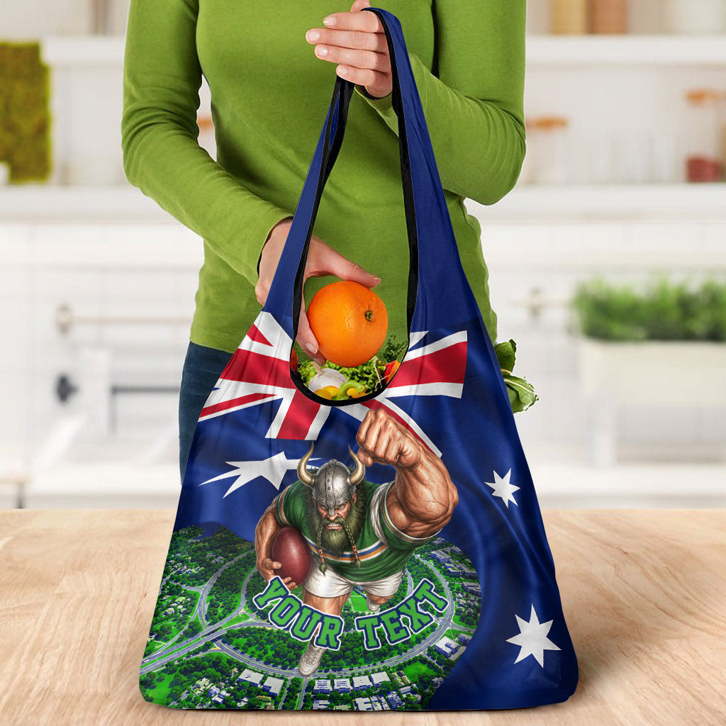 Personalized Canberra Raiders Rugby Grocery Bag Viking Mascot And Canberra Skyline Flag Art