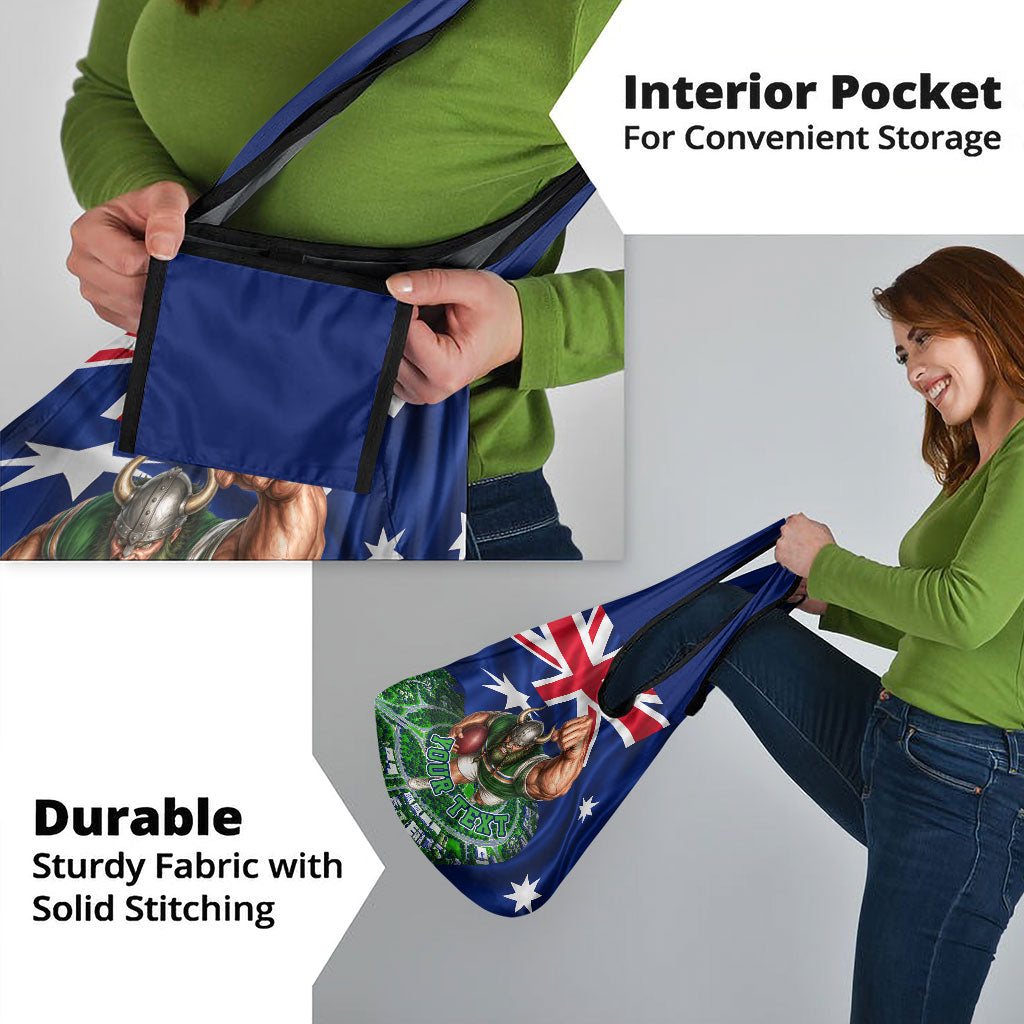 Personalized Canberra Raiders Rugby Grocery Bag Viking Mascot And Canberra Skyline Flag Art
