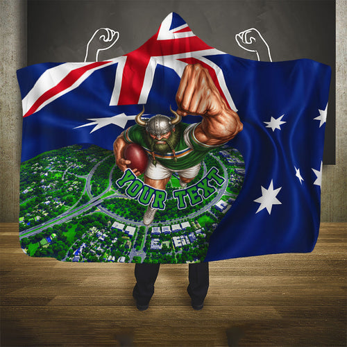 Personalized Canberra Raiders Rugby Hooded Blanket Viking Mascot And Canberra Skyline Flag Art