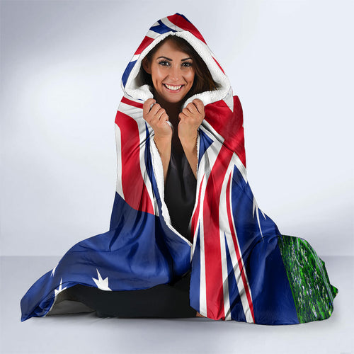 Personalized Canberra Raiders Rugby Hooded Blanket Viking Mascot And Canberra Skyline Flag Art