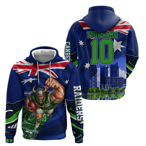 Personalized Canberra Raiders Rugby Hoodie Viking Mascot And Canberra Skyline Flag Art