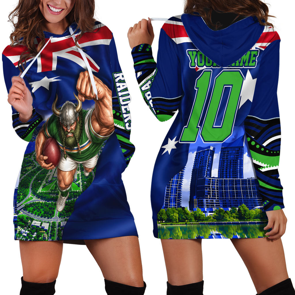 Personalized Canberra Raiders Rugby Hoodie Dress Viking Mascot And Canberra Skyline Flag Art