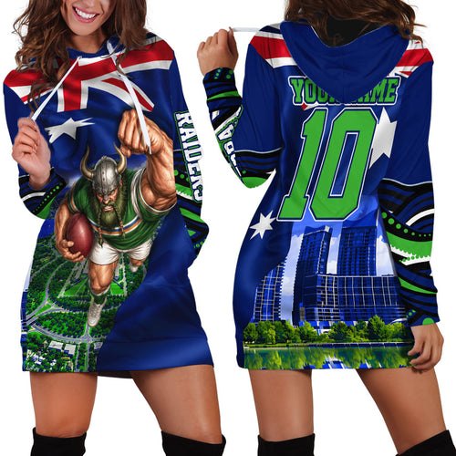 Personalized Canberra Raiders Rugby Hoodie Dress Viking Mascot And Canberra Skyline Flag Art