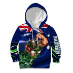 Personalized Canberra Raiders Rugby Kid Hoodie Viking Mascot And Canberra Skyline Flag Art