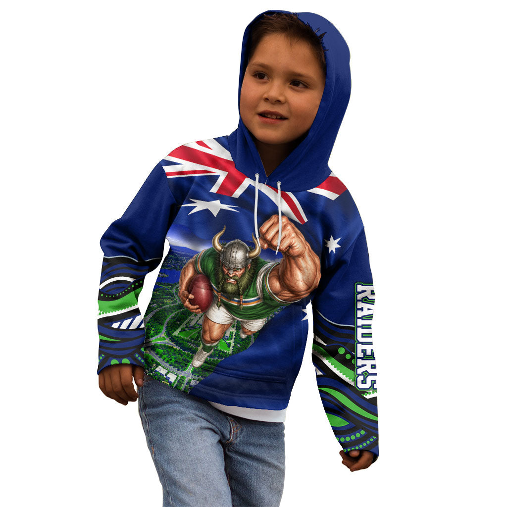 Personalized Canberra Raiders Rugby Kid Hoodie Viking Mascot And Canberra Skyline Flag Art