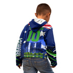 Personalized Canberra Raiders Rugby Kid Hoodie Viking Mascot And Canberra Skyline Flag Art