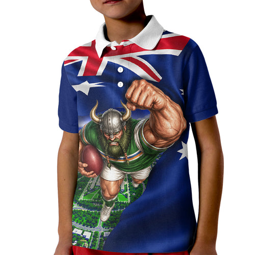 Personalized Canberra Raiders Rugby Kid Polo Shirt Viking Mascot And Canberra Skyline Flag Art