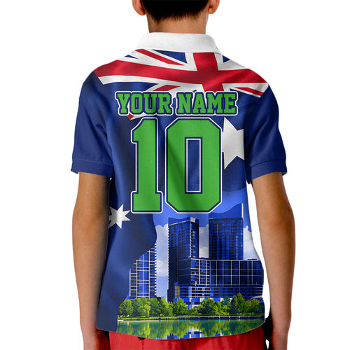 Personalized Canberra Raiders Rugby Kid Polo Shirt Viking Mascot And Canberra Skyline Flag Art