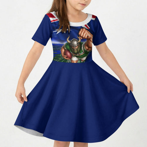 Personalized Canberra Raiders Rugby Kid Short Sleeve Dress Viking Mascot And Canberra Skyline Flag Art