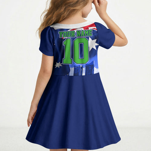 Personalized Canberra Raiders Rugby Kid Short Sleeve Dress Viking Mascot And Canberra Skyline Flag Art