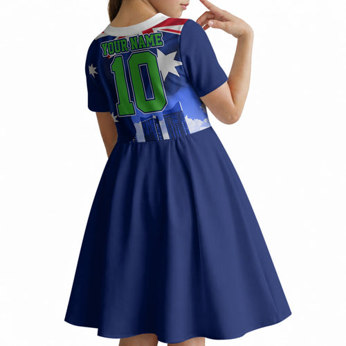Personalized Canberra Raiders Rugby Kid Short Sleeve Dress Viking Mascot And Canberra Skyline Flag Art