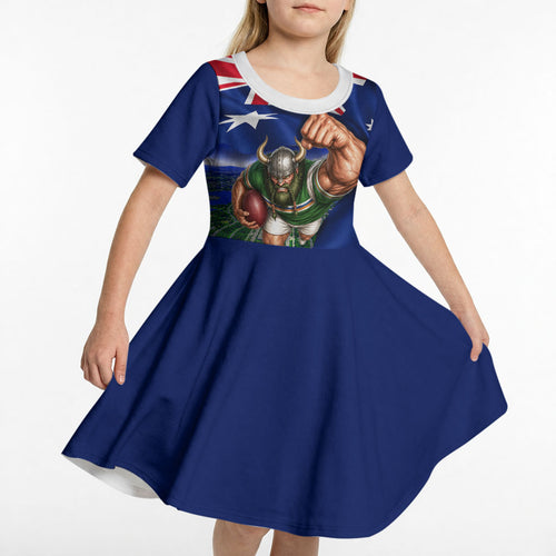 Personalized Canberra Raiders Rugby Kid Short Sleeve Dress Viking Mascot And Canberra Skyline Flag Art