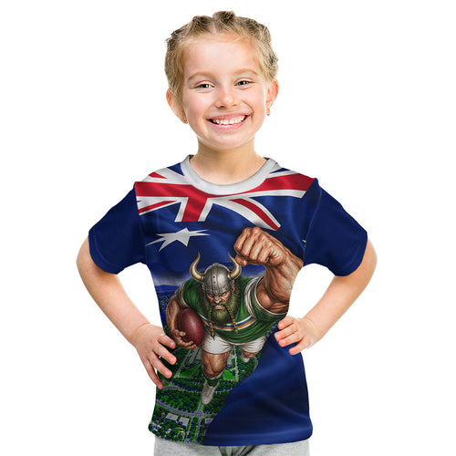 Personalized Canberra Raiders Rugby Kid T Shirt Viking Mascot And Canberra Skyline Flag Art