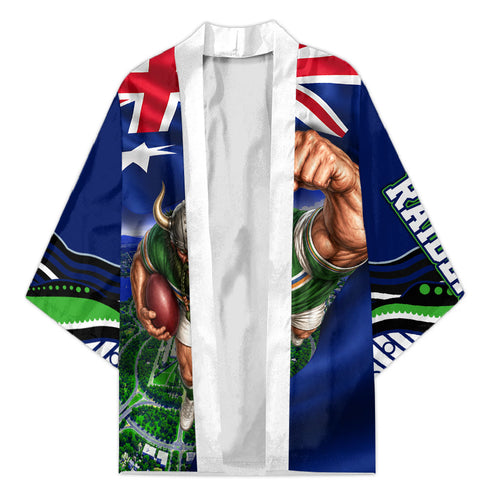 Personalized Canberra Raiders Rugby Kimono Viking Mascot And Canberra Skyline Flag Art