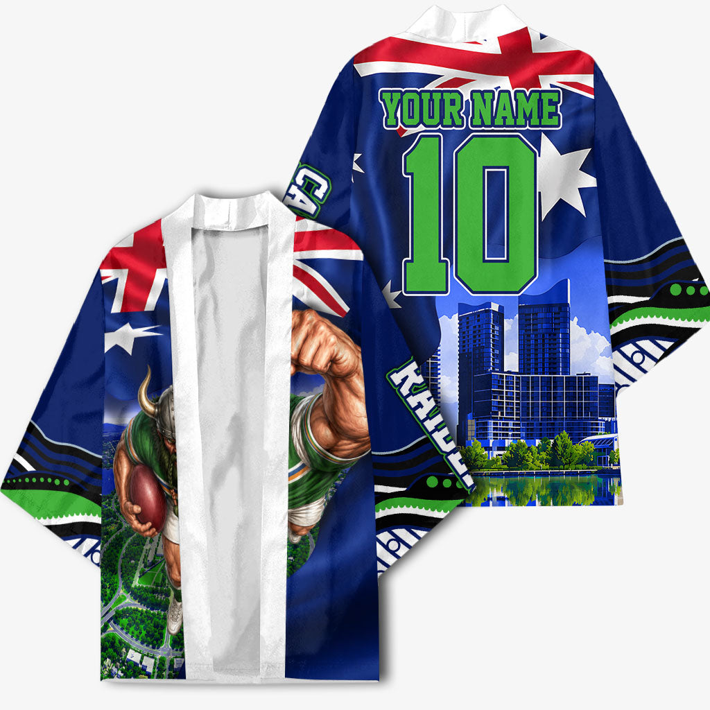 Personalized Canberra Raiders Rugby Kimono Viking Mascot And Canberra Skyline Flag Art