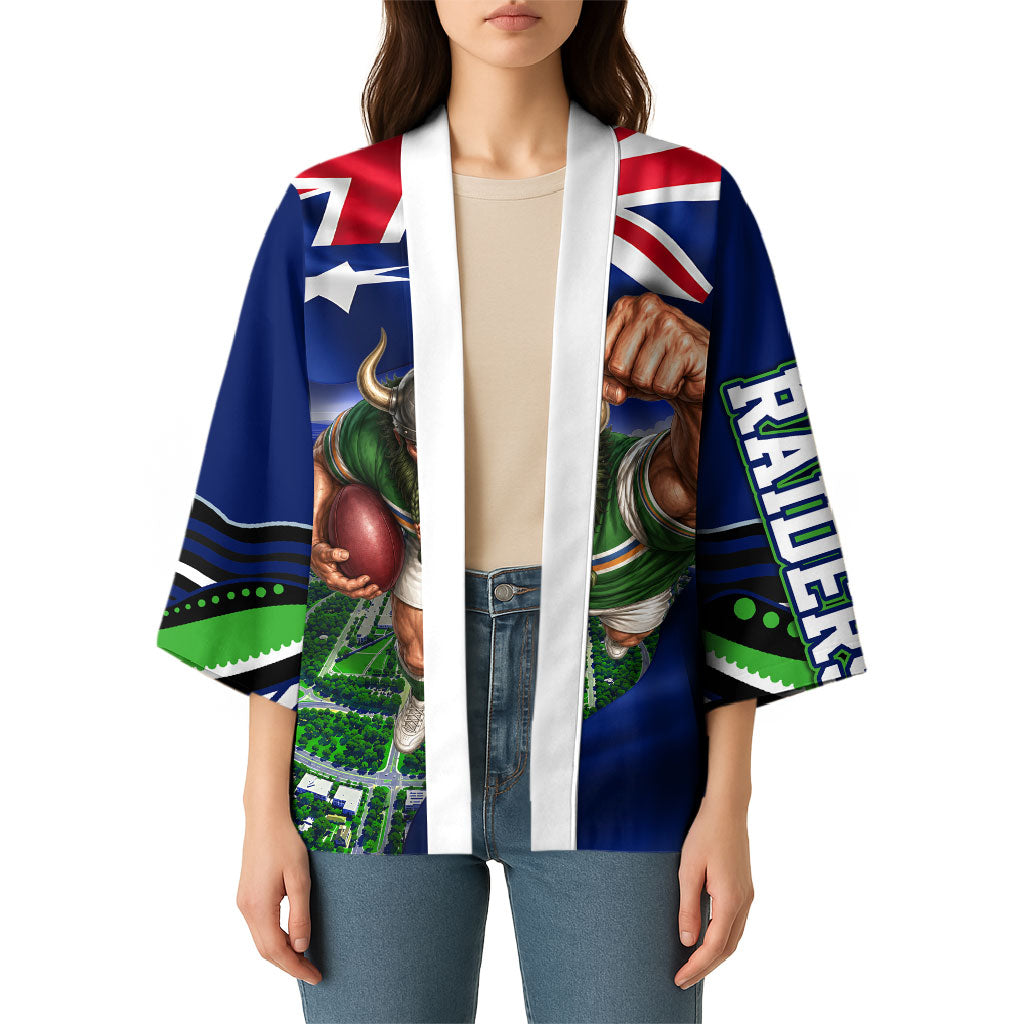 Personalized Canberra Raiders Rugby Kimono Viking Mascot And Canberra Skyline Flag Art