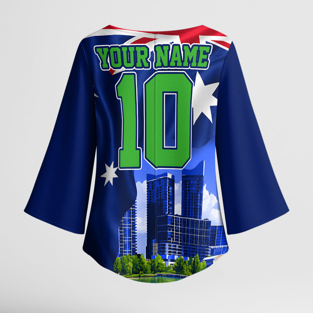 Personalized Canberra Raiders Rugby Kimono Sleeve Blouse Viking Mascot And Canberra Skyline Flag Art