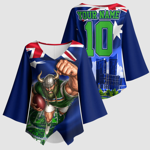 Personalized Canberra Raiders Rugby Kimono Sleeve Blouse Viking Mascot And Canberra Skyline Flag Art