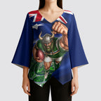Personalized Canberra Raiders Rugby Kimono Sleeve Blouse Viking Mascot And Canberra Skyline Flag Art