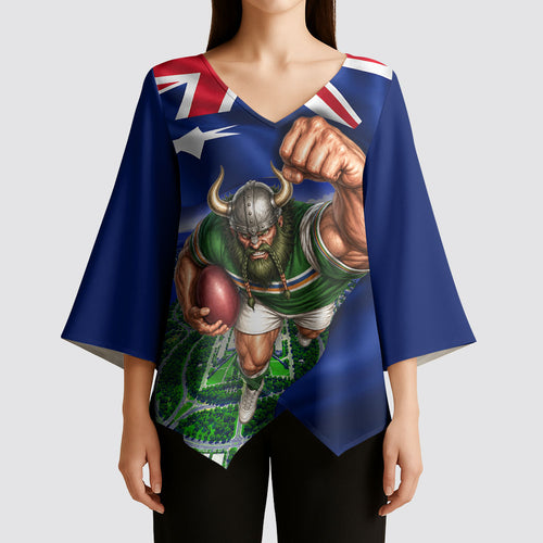 Personalized Canberra Raiders Rugby Kimono Sleeve Blouse Viking Mascot And Canberra Skyline Flag Art
