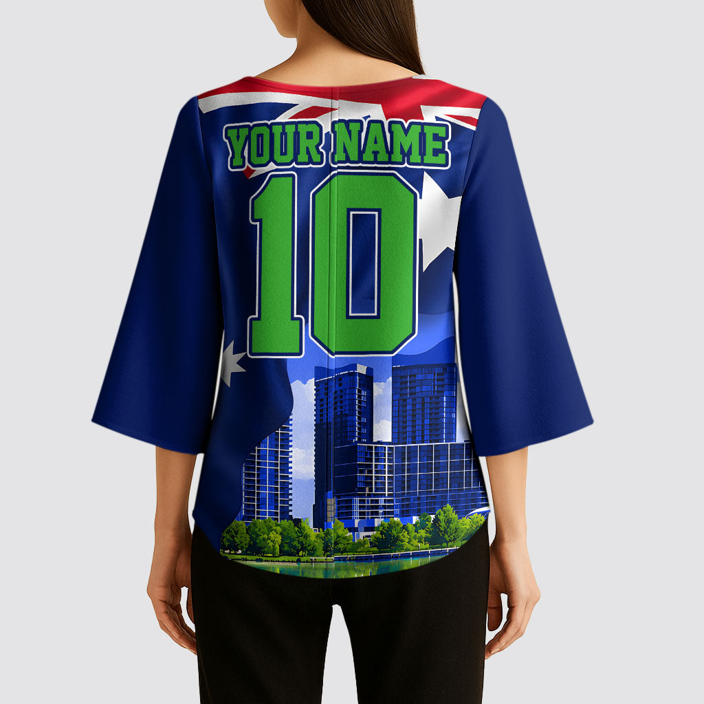 Personalized Canberra Raiders Rugby Kimono Sleeve Blouse Viking Mascot And Canberra Skyline Flag Art