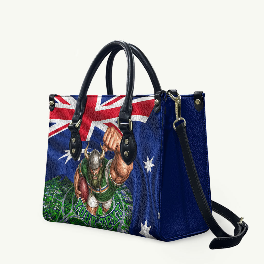 Personalized Canberra Raiders Rugby Leather Bag Viking Mascot And Canberra Skyline Flag Art