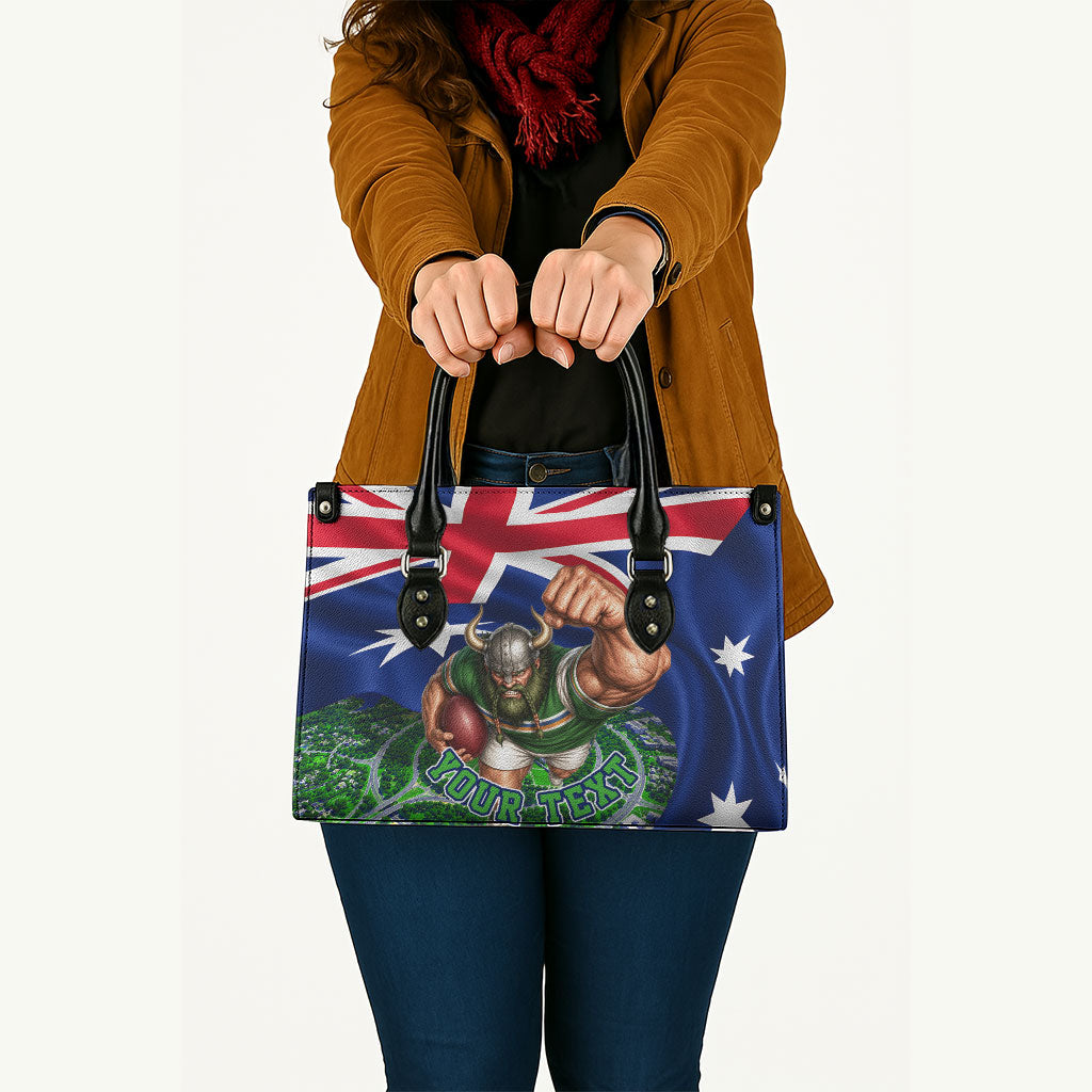 Personalized Canberra Raiders Rugby Leather Bag Viking Mascot And Canberra Skyline Flag Art