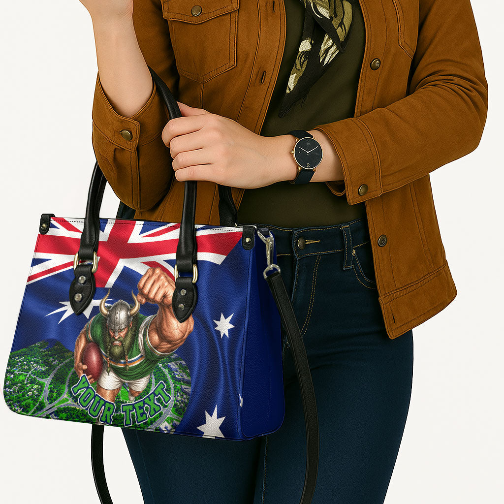 Personalized Canberra Raiders Rugby Leather Bag Viking Mascot And Canberra Skyline Flag Art