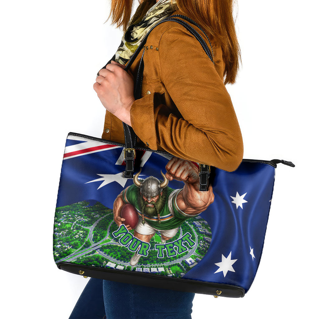 Personalized Canberra Raiders Rugby Leather Tote Bag Viking Mascot And Canberra Skyline Flag Art