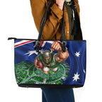 Personalized Canberra Raiders Rugby Leather Tote Bag Viking Mascot And Canberra Skyline Flag Art