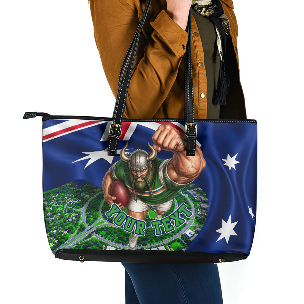 Personalized Canberra Raiders Rugby Leather Tote Bag Viking Mascot And Canberra Skyline Flag Art