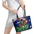 Personalized Canberra Raiders Rugby Leather Tote Bag Viking Mascot And Canberra Skyline Flag Art