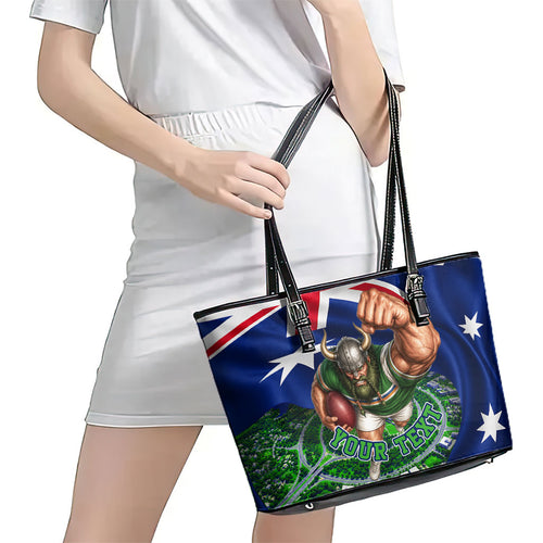 Personalized Canberra Raiders Rugby Leather Tote Bag Viking Mascot And Canberra Skyline Flag Art