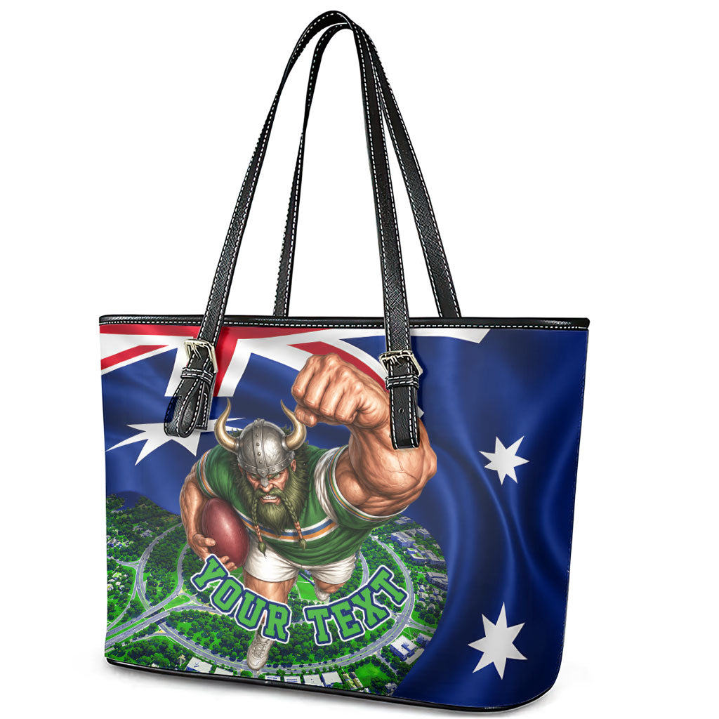 Personalized Canberra Raiders Rugby Leather Tote Bag Viking Mascot And Canberra Skyline Flag Art