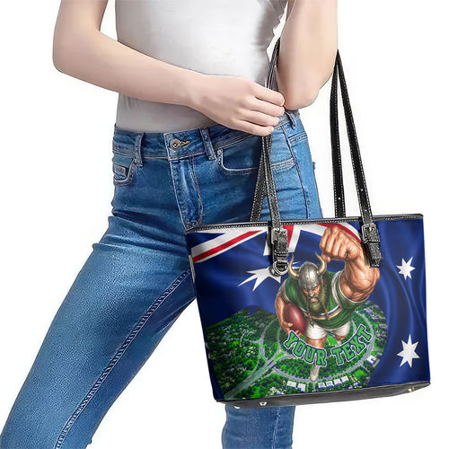 Personalized Canberra Raiders Rugby Leather Tote Bag Viking Mascot And Canberra Skyline Flag Art