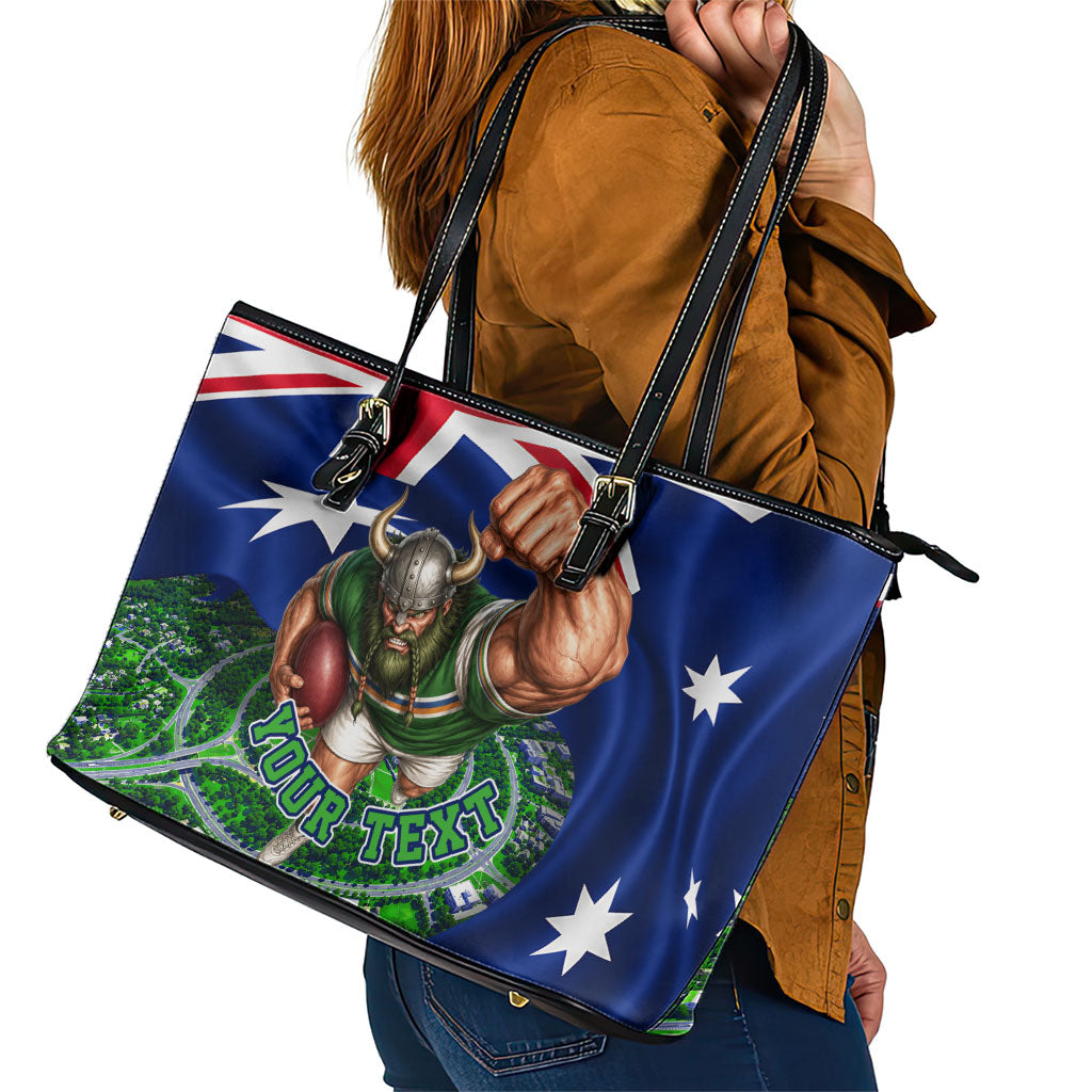 Personalized Canberra Raiders Rugby Leather Tote Bag Viking Mascot And Canberra Skyline Flag Art