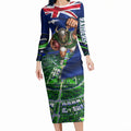 Personalized Canberra Raiders Rugby Long Sleeve Bodycon Dress Viking Mascot And Canberra Skyline Flag Art