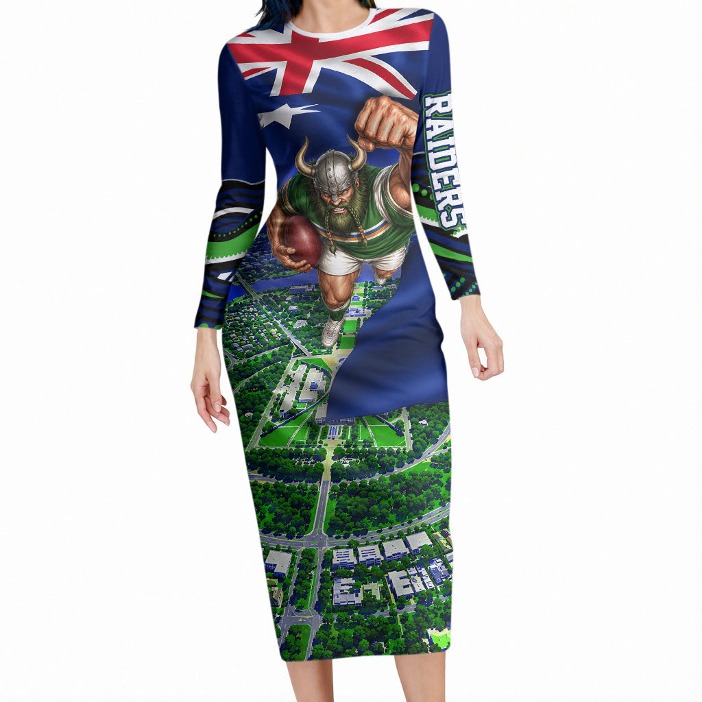 Personalized Canberra Raiders Rugby Long Sleeve Bodycon Dress Viking Mascot And Canberra Skyline Flag Art