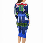 Personalized Canberra Raiders Rugby Long Sleeve Bodycon Dress Viking Mascot And Canberra Skyline Flag Art