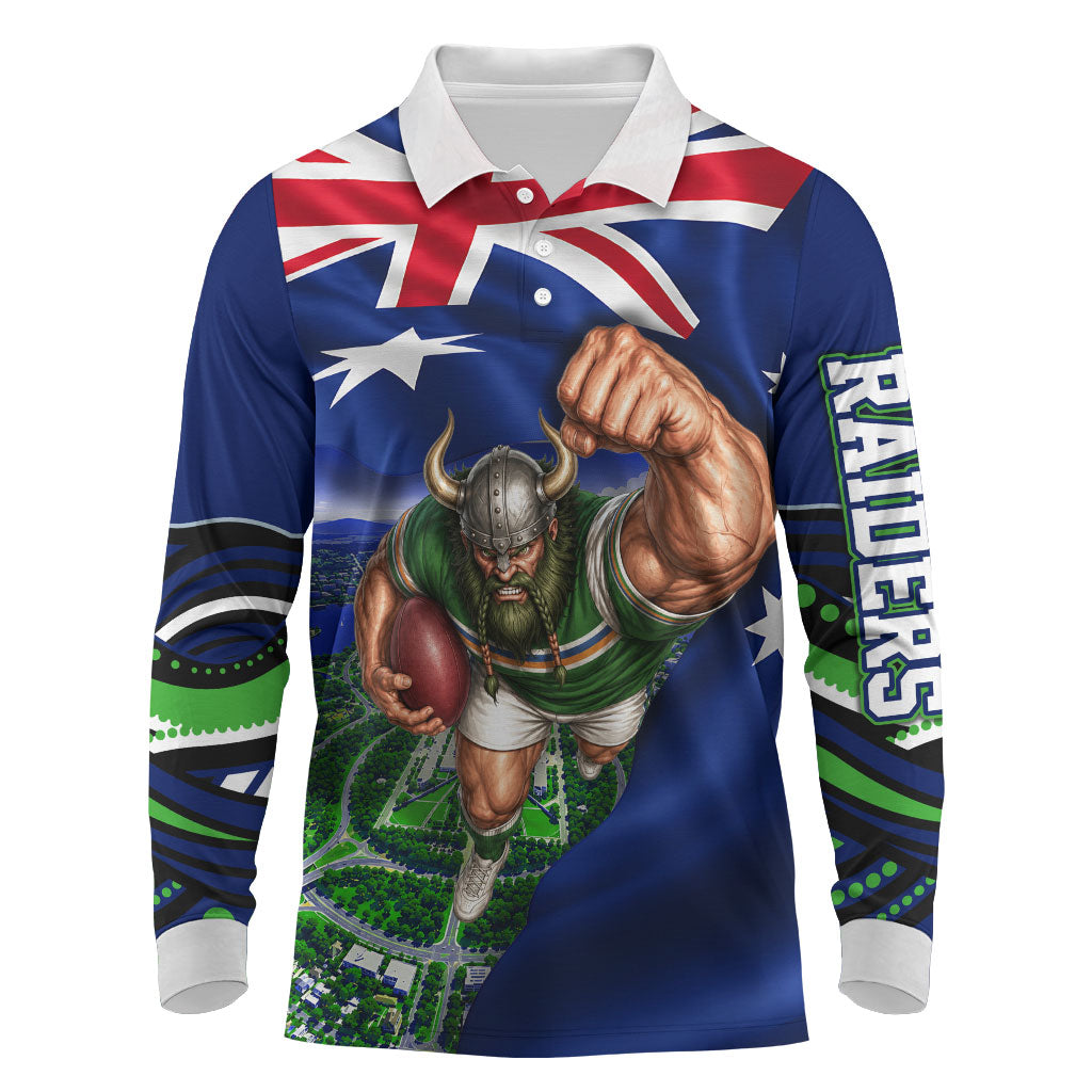 Personalized Canberra Raiders Rugby Long Sleeve Polo Shirt Viking Mascot And Canberra Skyline Flag Art