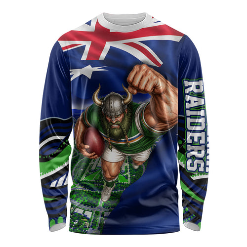 Personalized Canberra Raiders Rugby Long Sleeve Shirt Viking Mascot And Canberra Skyline Flag Art