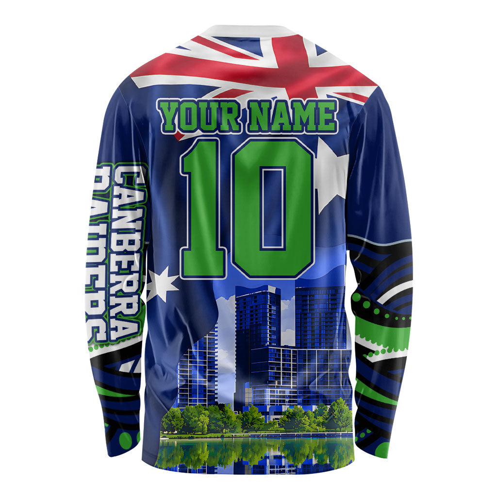 Personalized Canberra Raiders Rugby Long Sleeve Shirt Viking Mascot And Canberra Skyline Flag Art