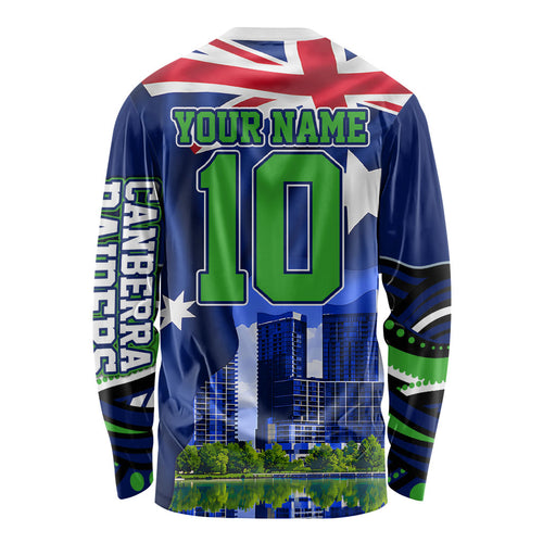 Personalized Canberra Raiders Rugby Long Sleeve Shirt Viking Mascot And Canberra Skyline Flag Art