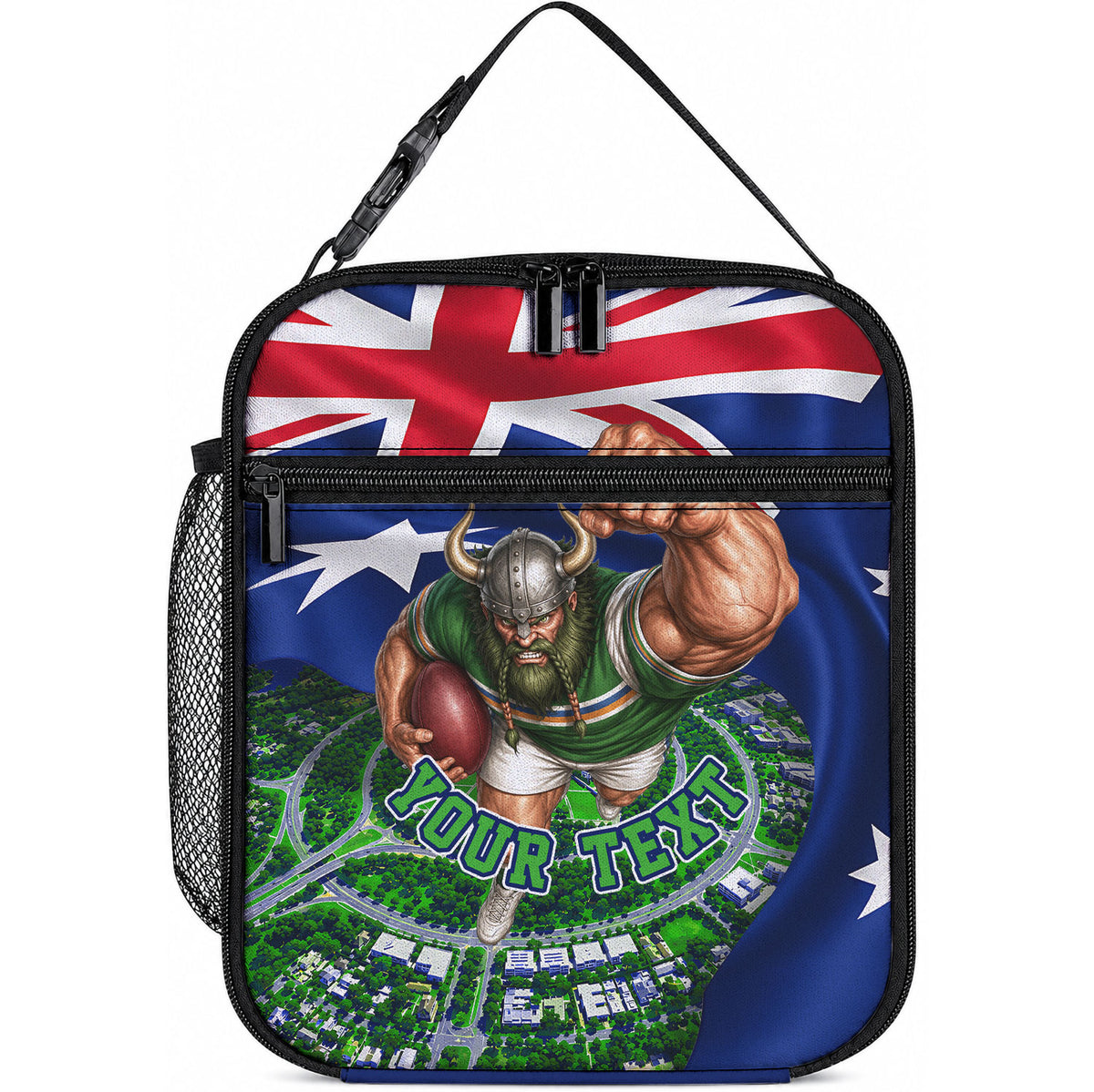 Personalized Canberra Raiders Rugby Lunch Bag Viking Mascot And Canberra Skyline Flag Art