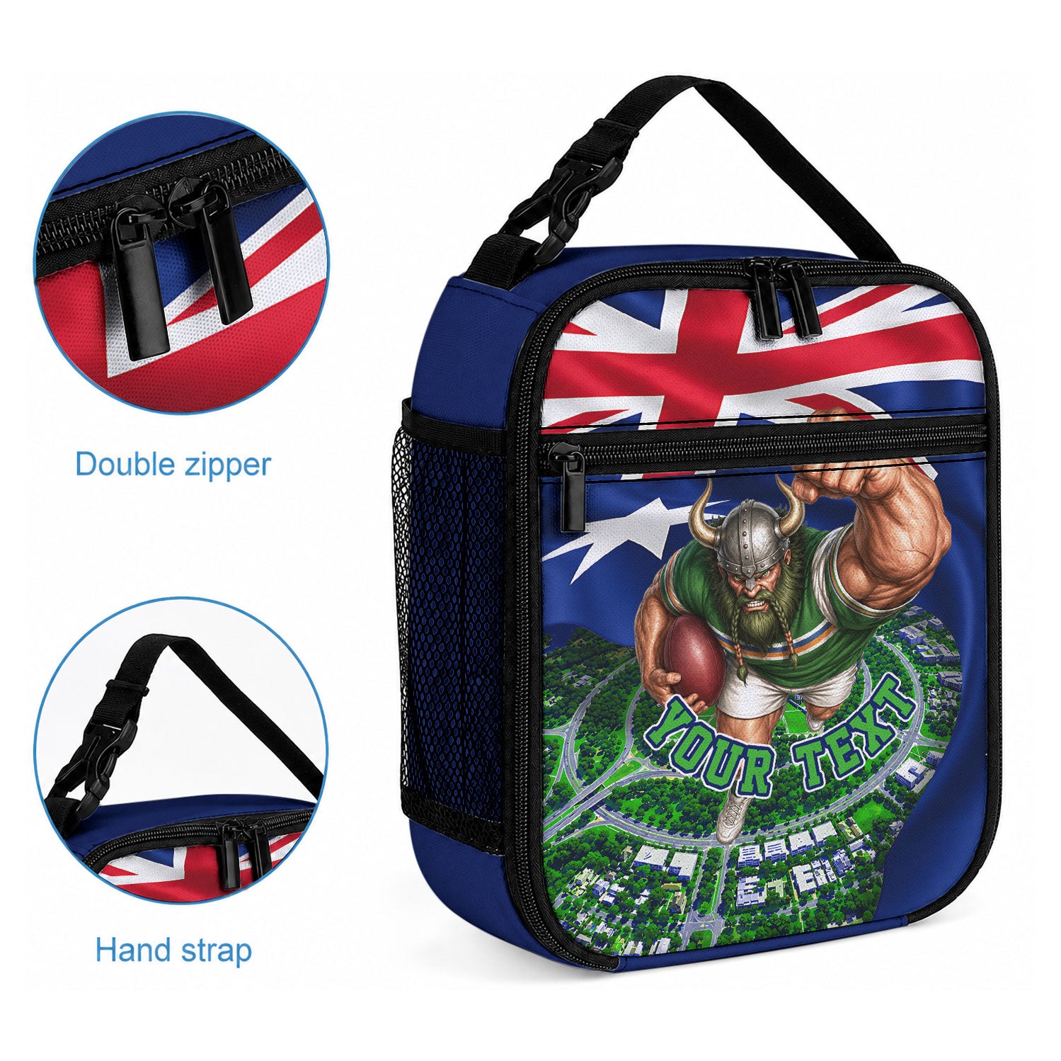 Personalized Canberra Raiders Rugby Lunch Bag Viking Mascot And Canberra Skyline Flag Art