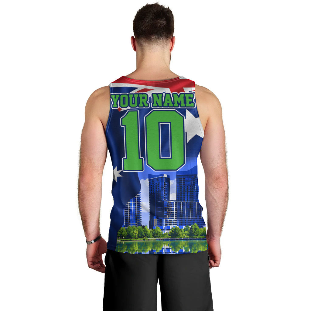 Personalized Canberra Raiders Rugby Men Tank Top Viking Mascot And Canberra Skyline Flag Art